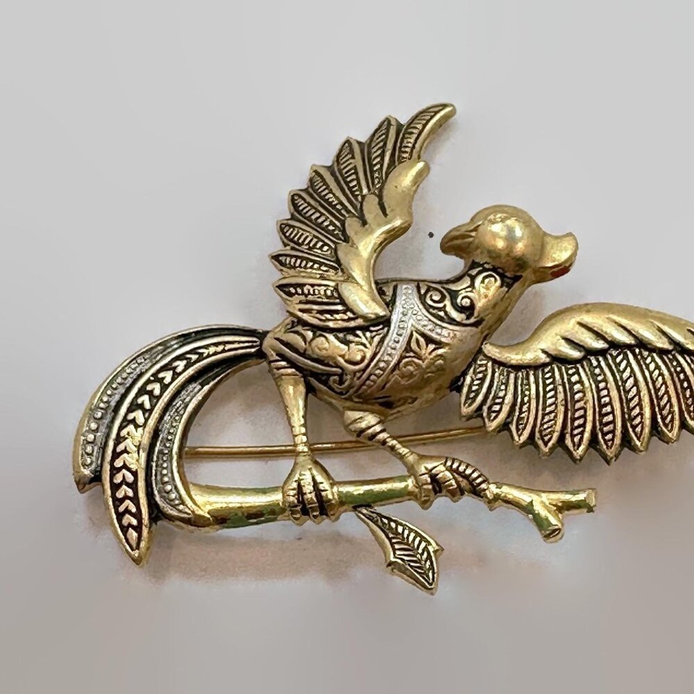 Bird Brooch, Damascene, Gold, Black, Silver Vintage, Pin, Figural, 2" Wide